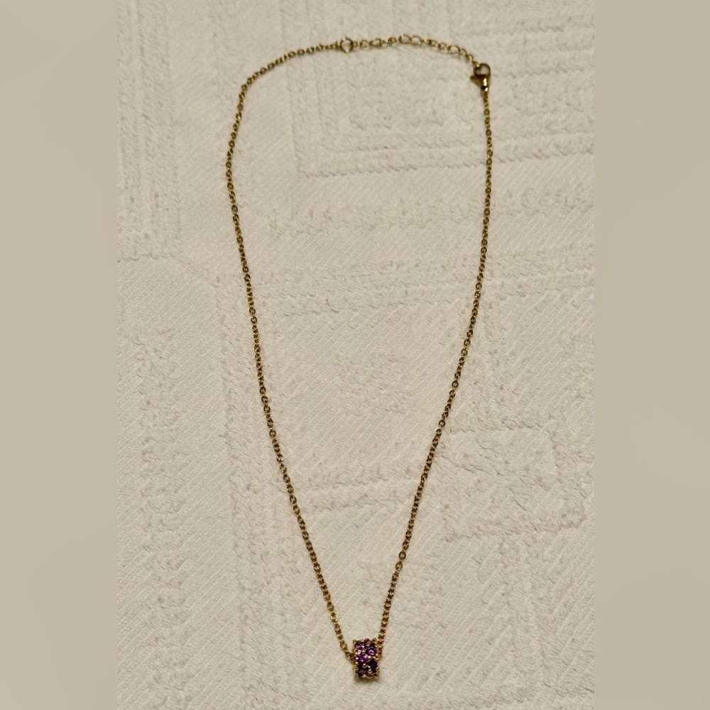 Necklace -apprx 16” gold tone w/circular pendant purple crystals - Picture 2 of 9